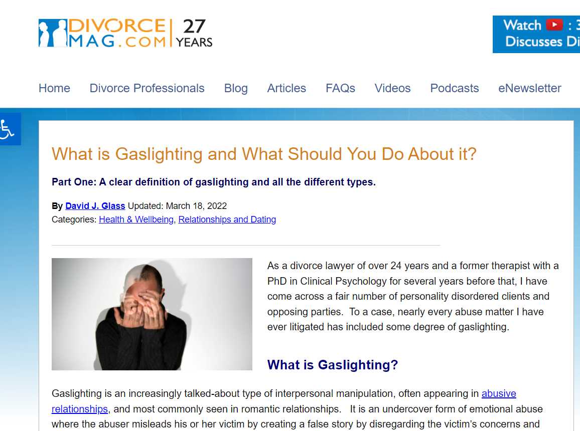 David Glass’ four party series on “Gaslighting” featured in DivorceMag.com